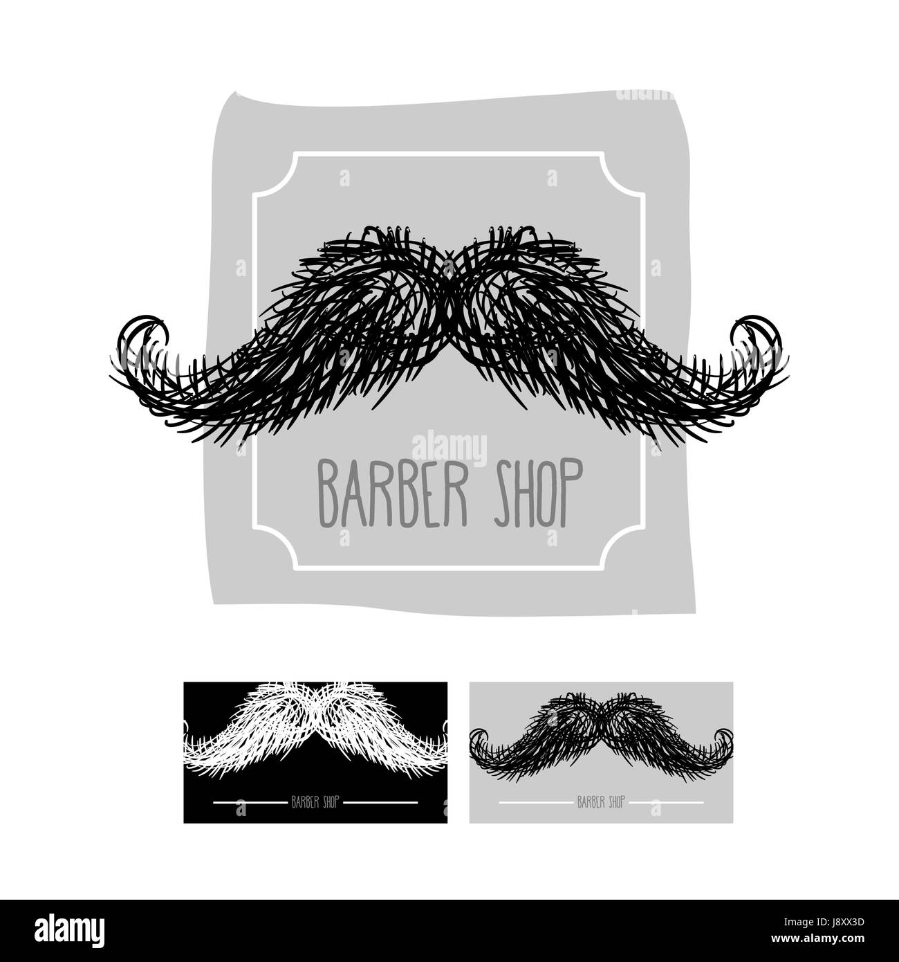 Barber Shop logo. Emblema con un baffi. Illustrazione Vettoriale set di biglietti da visita per i parrucchieri. Illustrazione Vettoriale