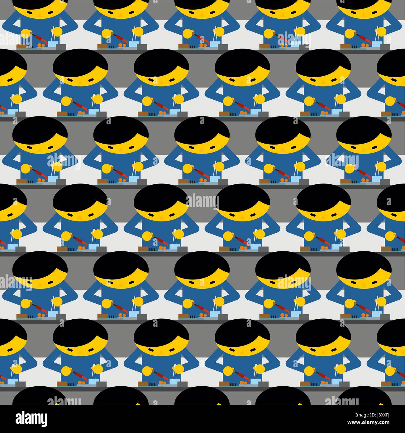 La produzione cinese tecnologia seamless pattern. Molti lavoratori cinesi raccogliere telefoni e tablet. Lavoratori in fabbrica in Cina. Realizzati in Cina in fabbrica. Illustrazione Vettoriale