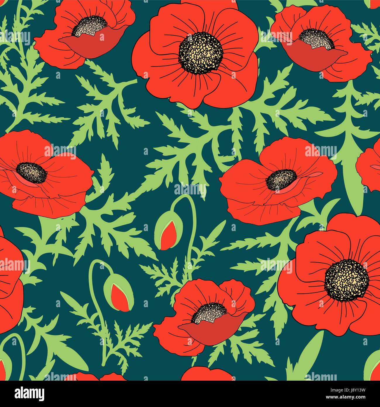 Seamless floral pattern Botanici disegnati a mano di papavero realistici fiori foglie verdi germogli, sfondo scuro e squisito stile femminile, calico, tessuto Illustrazione Vettoriale