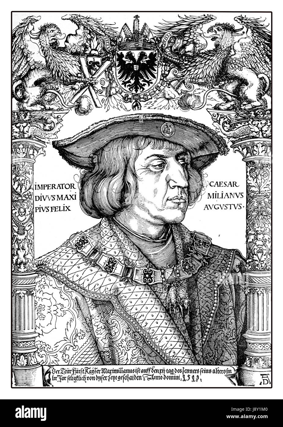 Sacro Romano Imperatore Massimiliano I della Casa degli Asburgo (1459 - 1519), espanso di Habsburg influenza in Europa attraverso la guerra e il matrimonio , ritratto di Albrecht Dürer, anno 1519 Foto Stock