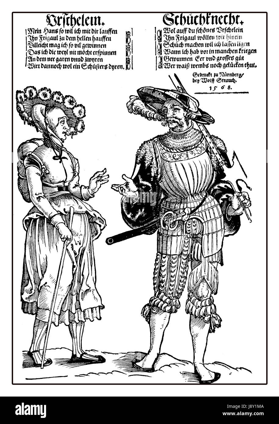 Lansquenet mercenario saluta la sua moglie andando alla guerra, anno 1568.i lanzichenecchi erano formidabili e colorato i soldati a piedi in tedesco rinascimentale. Foto Stock