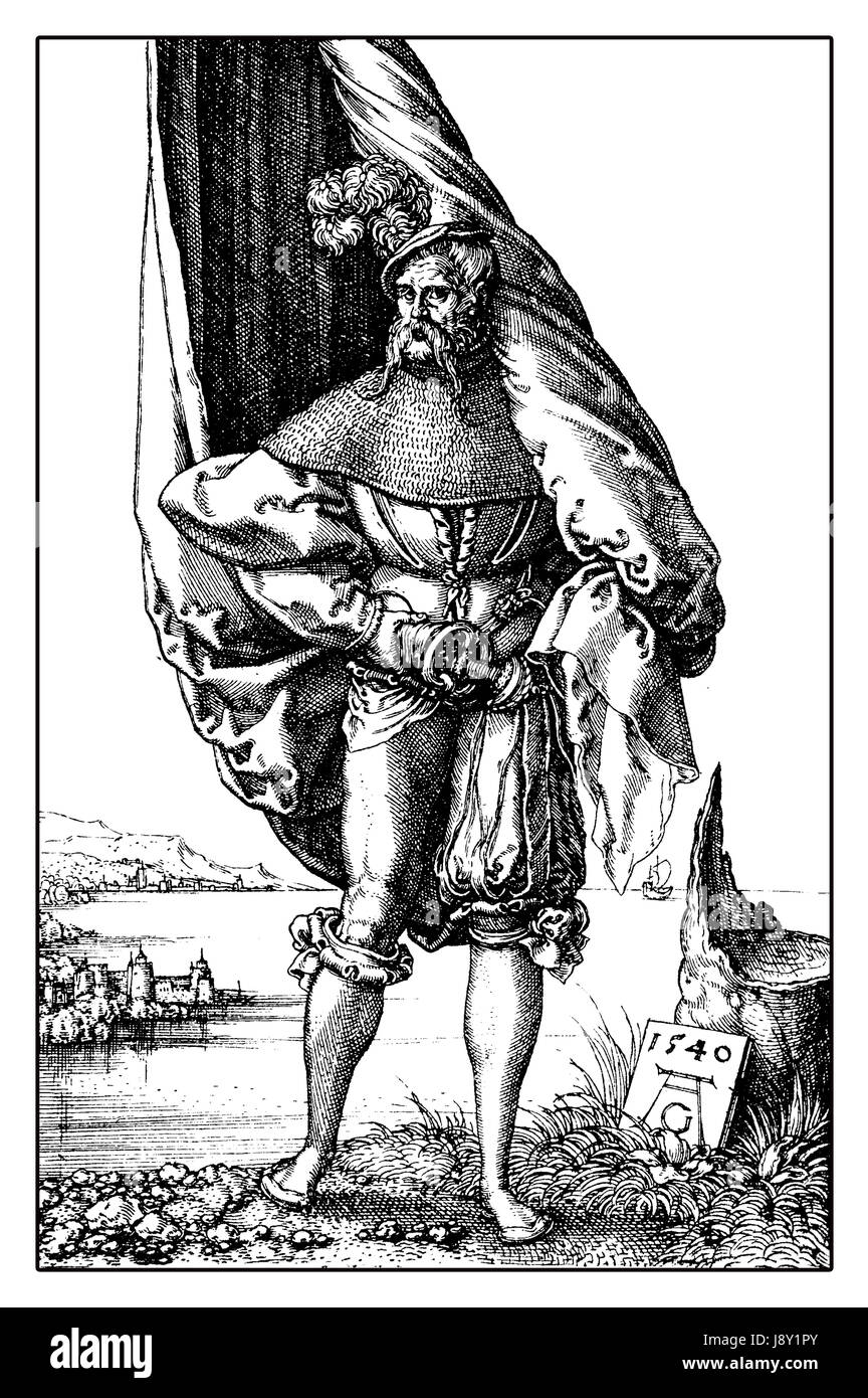 Alfiere officer di Laquenets con standard, ritratto da Heinrich Aldegrever, XVI secolo anno 1540 Foto Stock