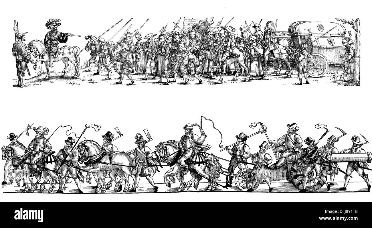 Truppe con bagaglio a piedi e a cavallo su marzo in epoca rinascimentale, Hans Sebastian Beham, anno 1592 Foto Stock