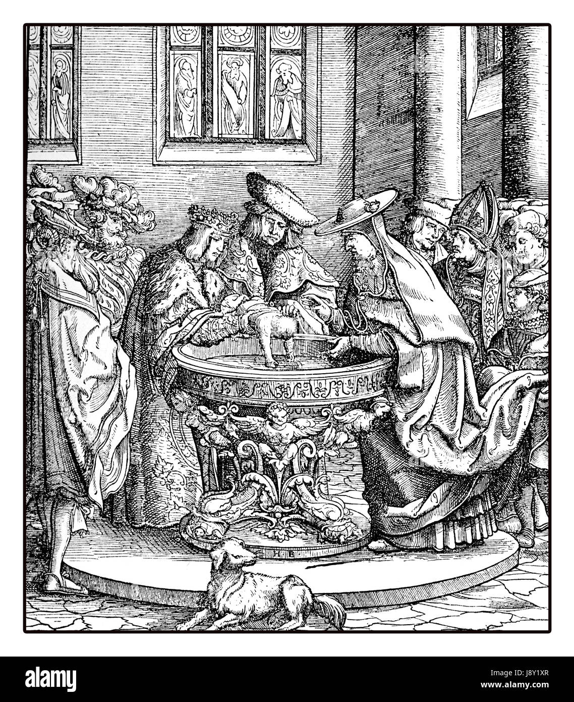 Royal battesimo di Massimiliano I, futuro imperatore del Sacro Romano Impero, XV secolo incisione Foto Stock