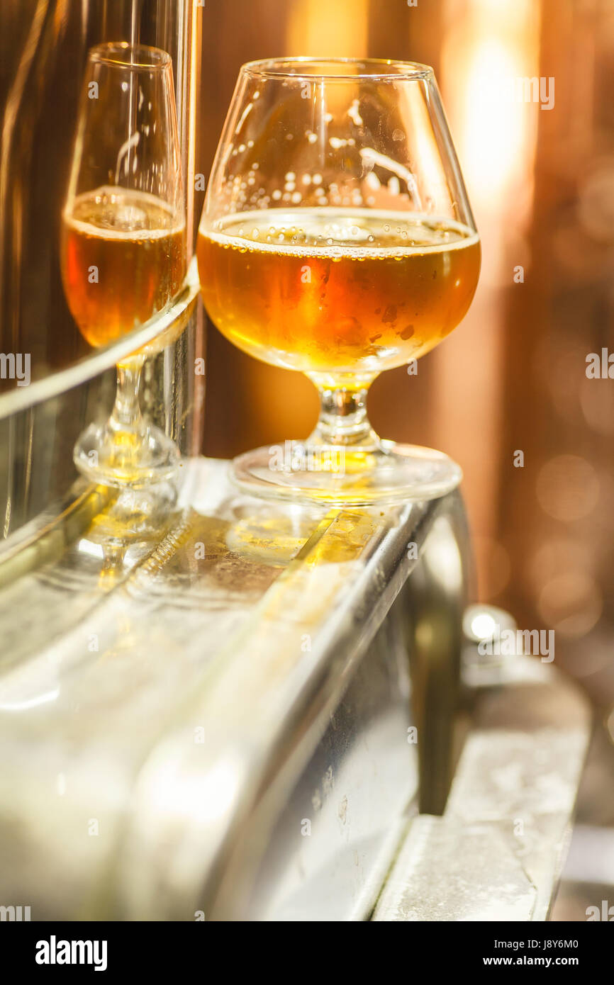 Vetro con ale ambrata birra in piedi su una porta di metallo di un rame lauter tun presso una fabbrica di birra Foto Stock