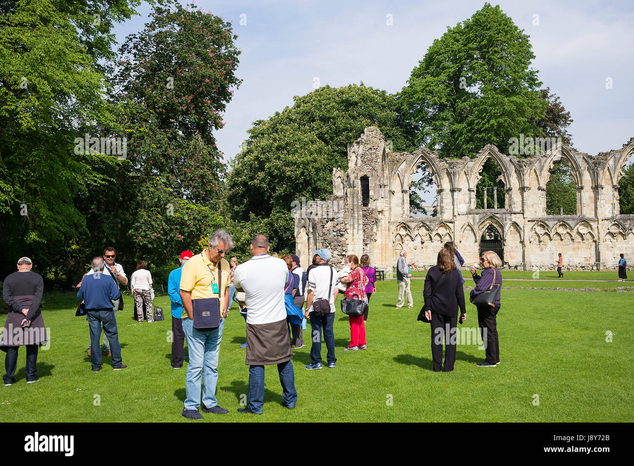 Concentrazione prima le rovine dell'Abbazia di St. Mary, Museo Giardini della città di York, Regno Unito Foto Stock