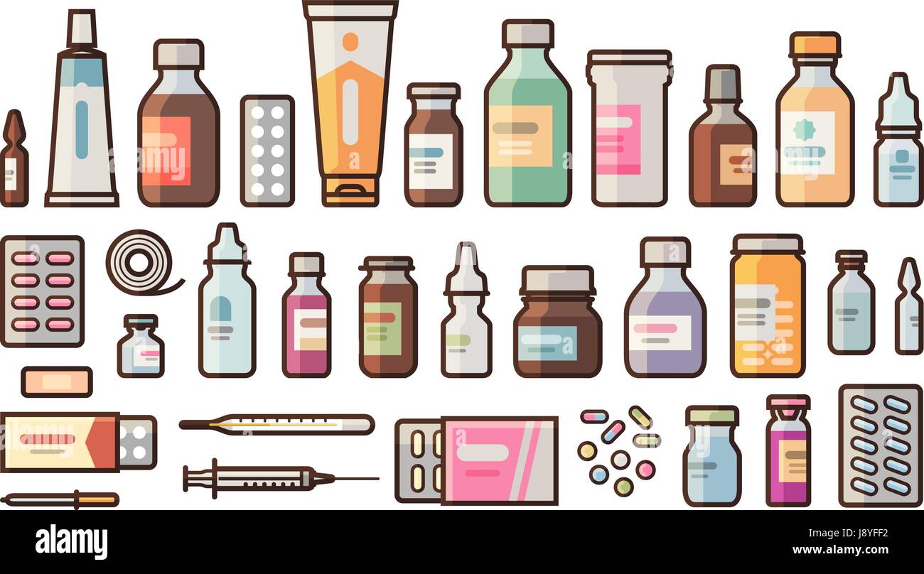 Farmacia, farmaci, bottiglie, pillole, capsule impostare le icone. Farmacia, Medicina, concetto dell'ospedale. Illustrazione Vettoriale in stile piatto Illustrazione Vettoriale