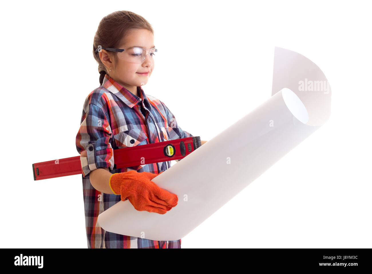 Piccola ragazza con livello di edificio e whatman Foto Stock