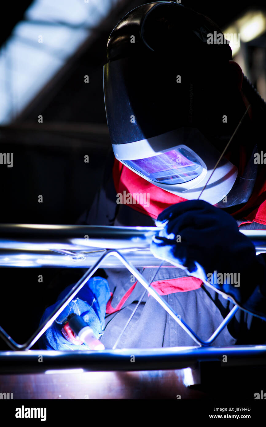 Industria, macchine, fabbricazione, macchinista, saldatura, lavoratori, operaio, lavoratore, Foto Stock