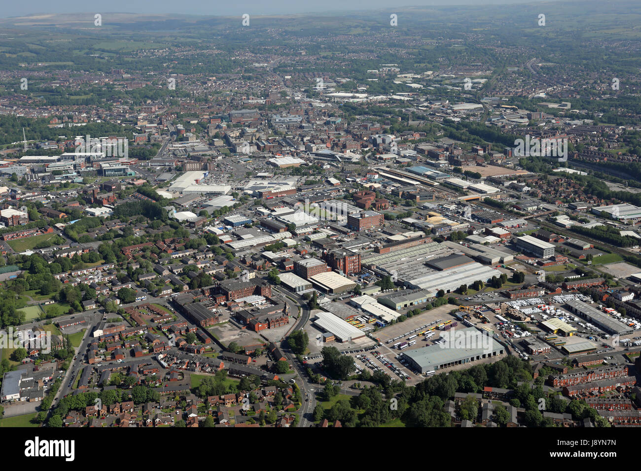 Vista aerea del centro di Bolton, Lancashire, Regno Unito Foto Stock