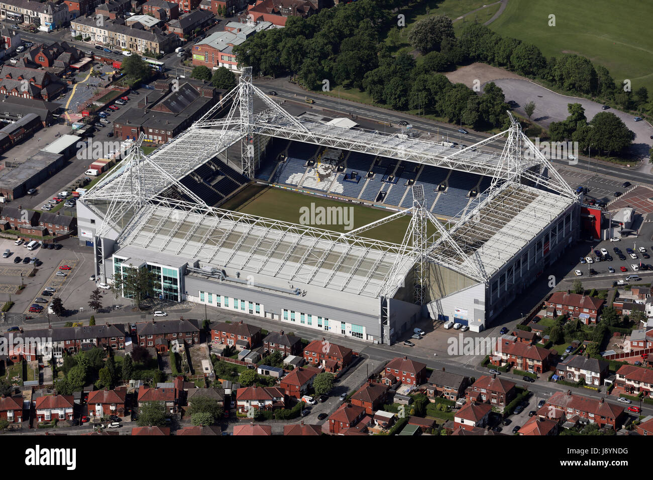 Vista aerea del Preston North End Deepdale stadium, REGNO UNITO Foto Stock