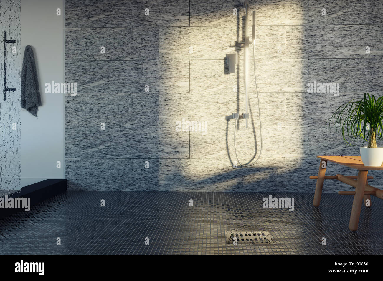 3D rendering di sala da bagno con doccia a pioggia scesa la parete di vetro  nella luce calda del sole Foto stock - Alamy