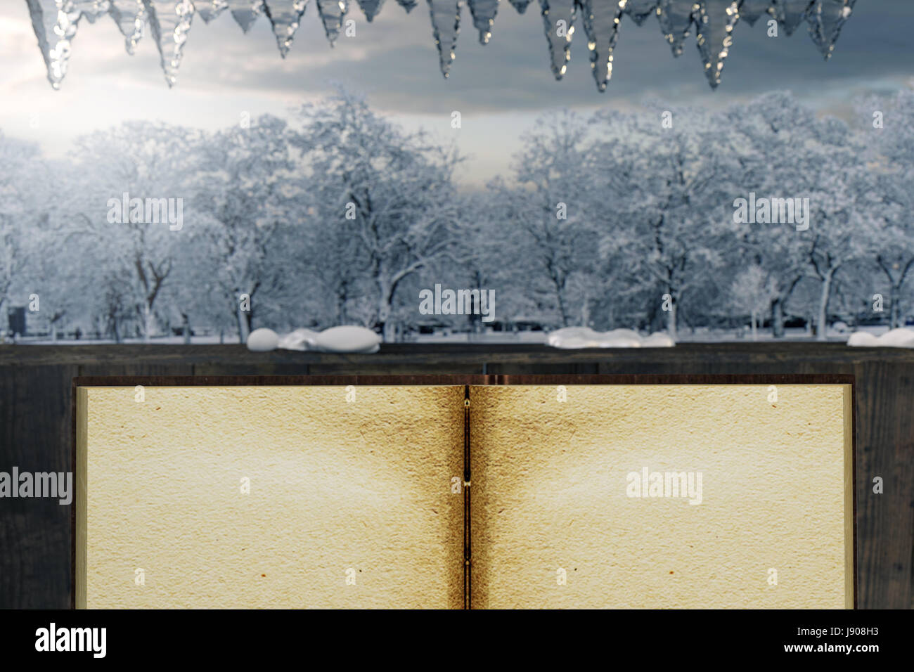 3D rendering del vecchio libro vuoto nella parte anteriore della casa in legno e scenic paesaggio invernale Foto Stock