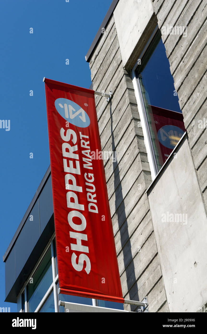 Close-up di un Shoppers Drug Mart farmacia sign in Vancouver, British Columbia, Canada Foto Stock