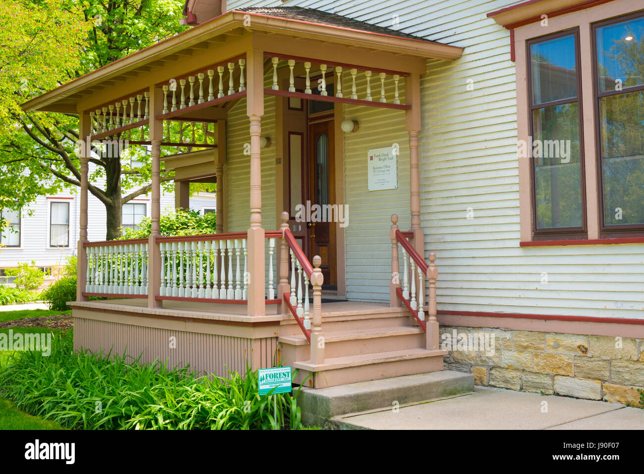 Chicago Illinois Frank Lloyd Wright Oak Park Foundation ufficio uffici portico veranda vecchia casa in legno home scalinate Windows della finestra Foto Stock