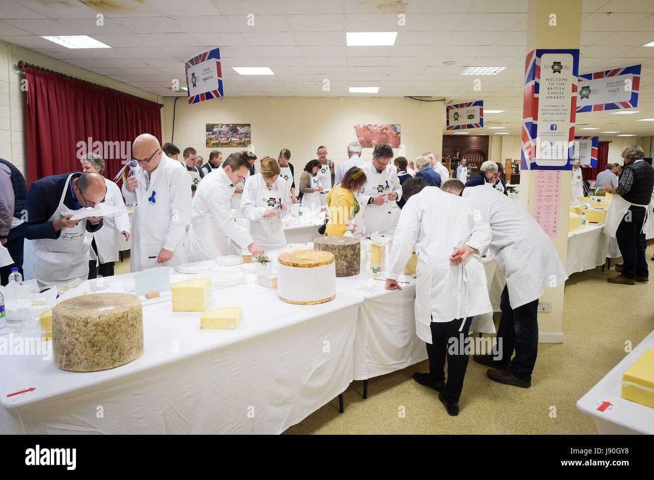 I giudici indossano cappotti o grembiuli bianchi mentre degustano tavole piene di varietà di formaggi durante i British Cheese Awards al Royal Bath & West show di Somerset, Dove più di 1,000 formaggi britannici stanno volando per il titolo di campione supremo in un evento progettato per essere una "grande celebrazione" del settore. Foto Stock