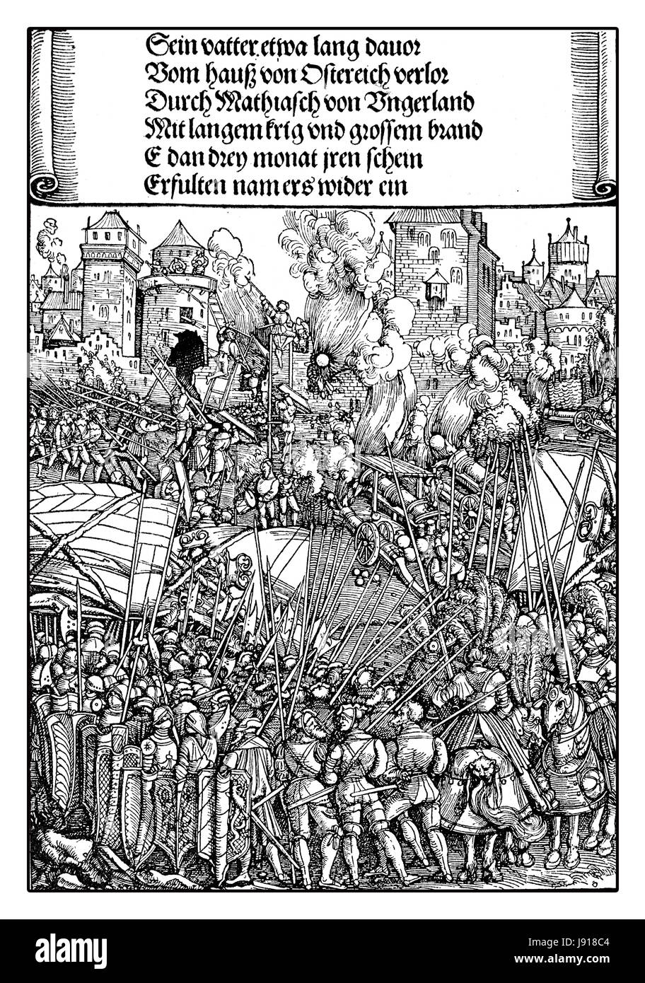 Assedio e distruzione di una città sotto il Sacro Romano Imperatore Massimiliano I, da Albrecht Dürer, XVI secolo Foto Stock