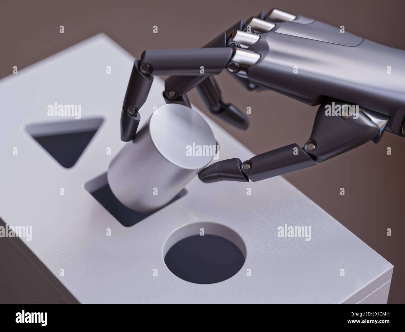 Robot rende la decisione sbagliata è in corso il tentativo di corrispondenza primitive geometriche in forma gioco Sorter Closeup. La macchina di formazione rete neurale Concetto 3d illustrazione Foto Stock