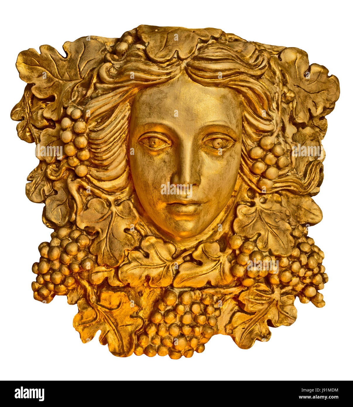 Il greco fanciulla testa busto statua con uve, lascia in foglia oro texture Foto Stock
