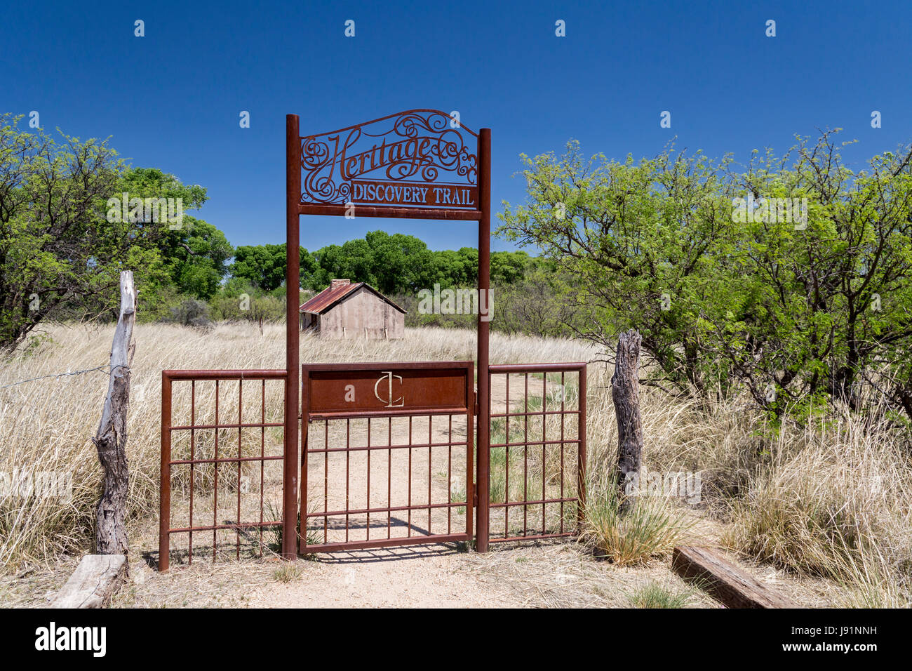 Sonoita, Arizona - ingresso al patrimonio sentiero di scoperta presso la storica Empire Ranch, che una volta era uno dei più grandi ranch di bestiame in America. La r Foto Stock