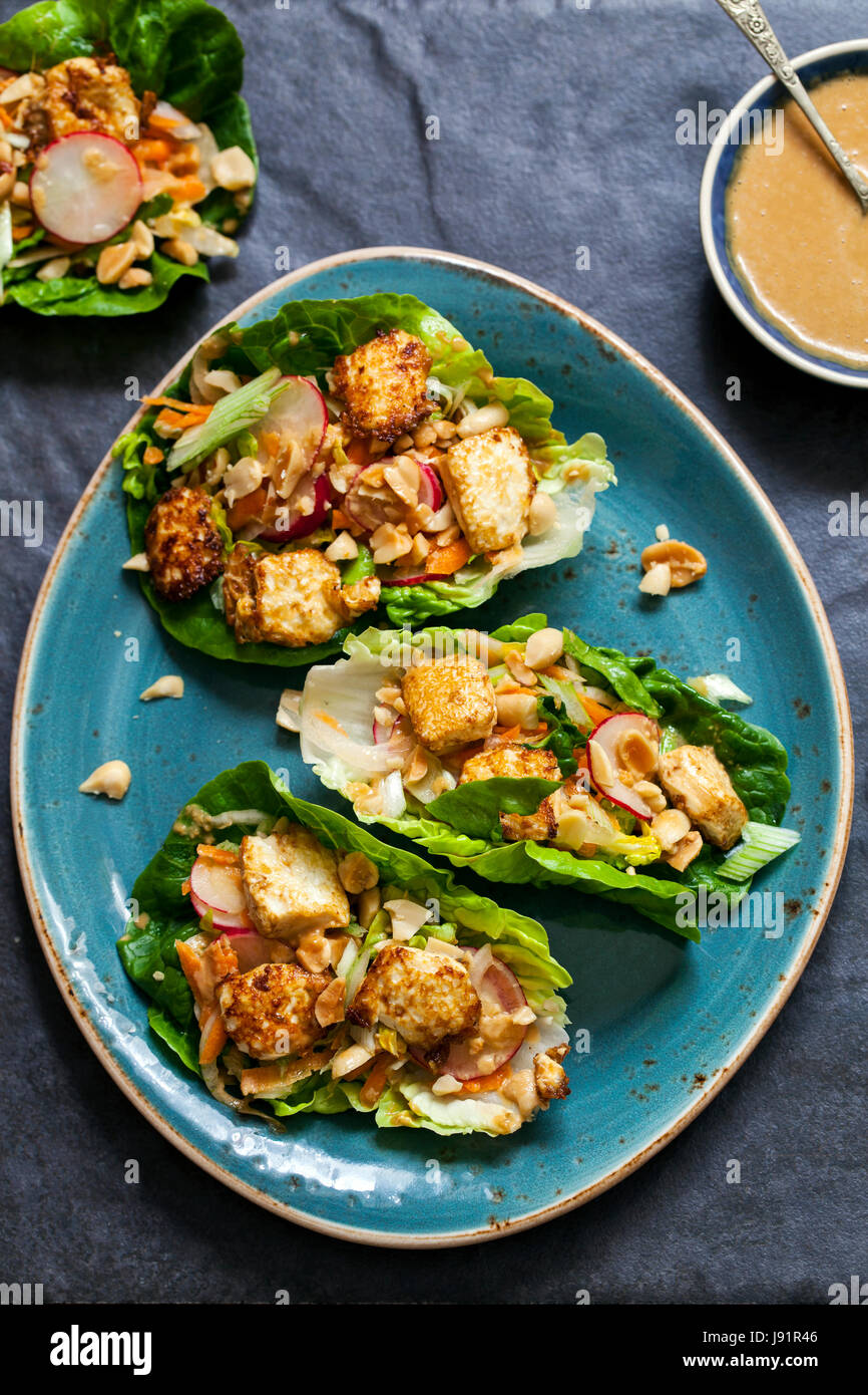 Un letto di insalata con tofu fritto, insalata e salsa di arachidi Foto Stock