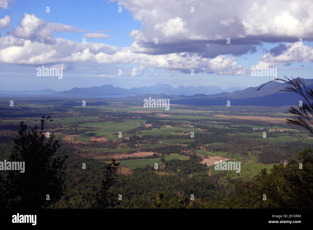 Vista sulla valle di Kennedy e Hinchinbrook Island dalla gamma Kirrama Road, vicino Cardwell, North Queensland, Australia Foto Stock