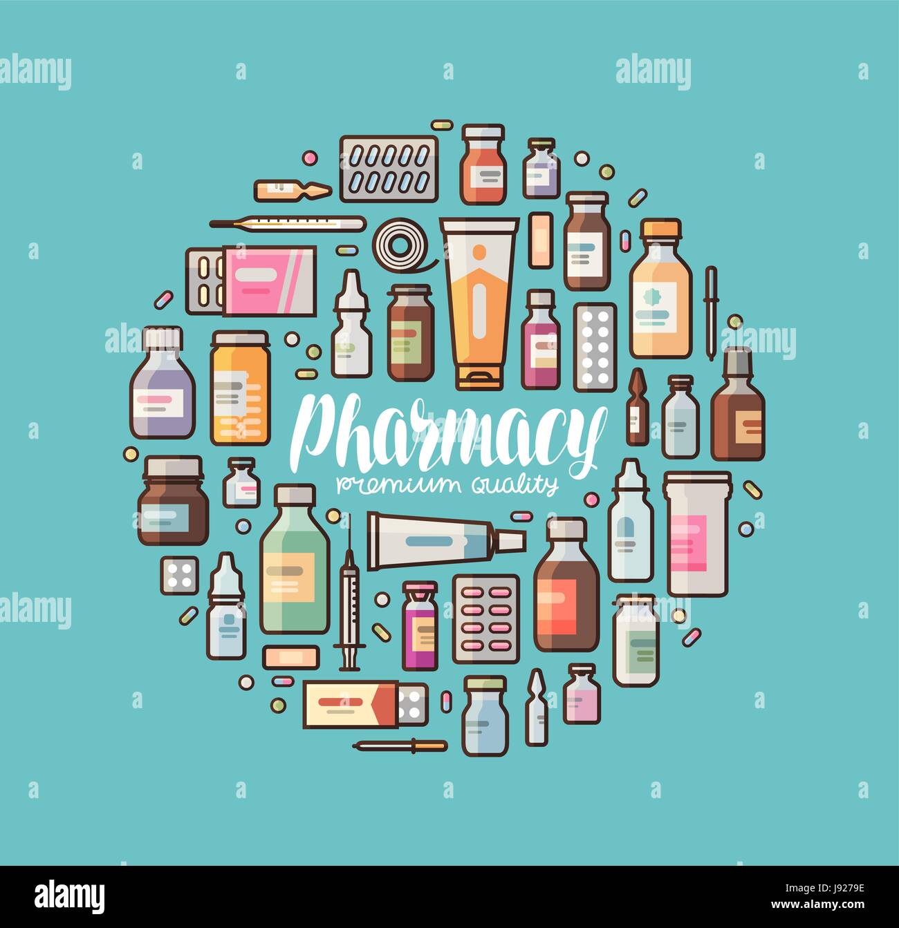 Farmacia, farmacologia banner. Materiali di consumo medicali, droghe, farmaci, farmaci impostare le icone o simboli. Lettering illustrazione vettoriale Illustrazione Vettoriale