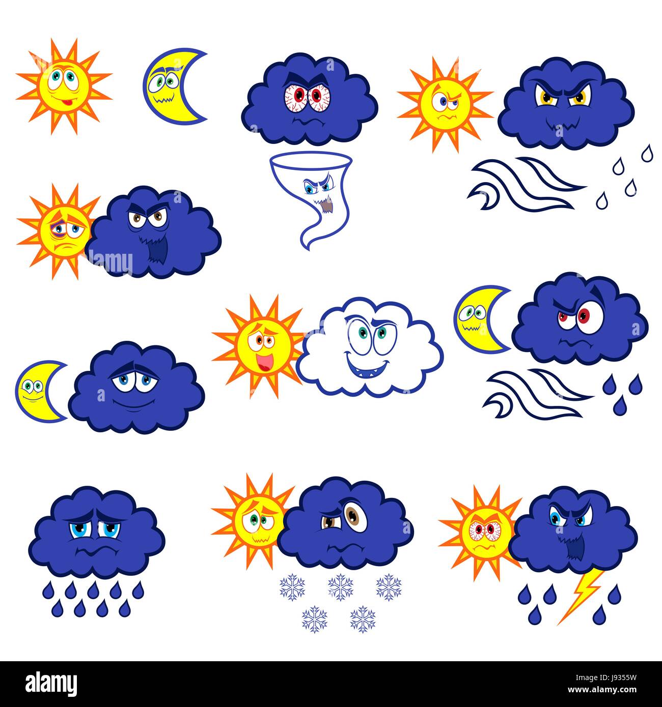 Set di undici colori cartoon simboli meteorologici, illustrazione di vettore isolato su sfondo bianco Illustrazione Vettoriale