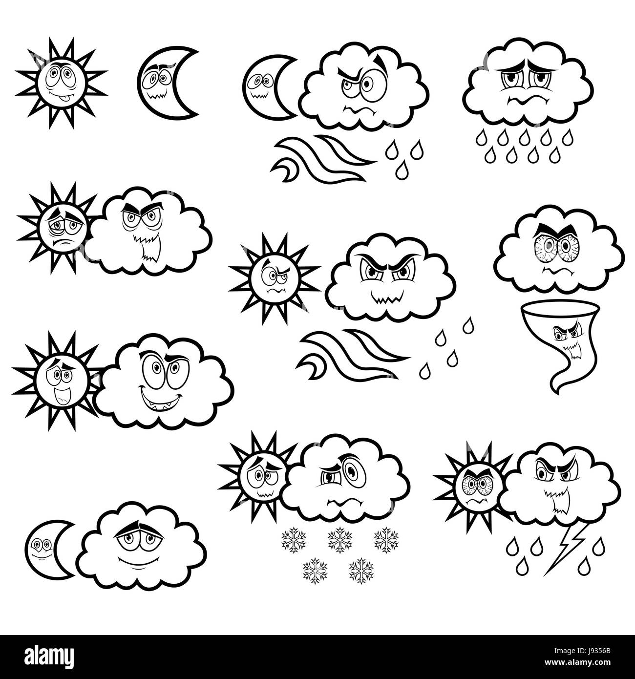 Set di undici cartoon nero simboli meteorologici, illustrazione di vettore isolato su sfondo bianco Illustrazione Vettoriale