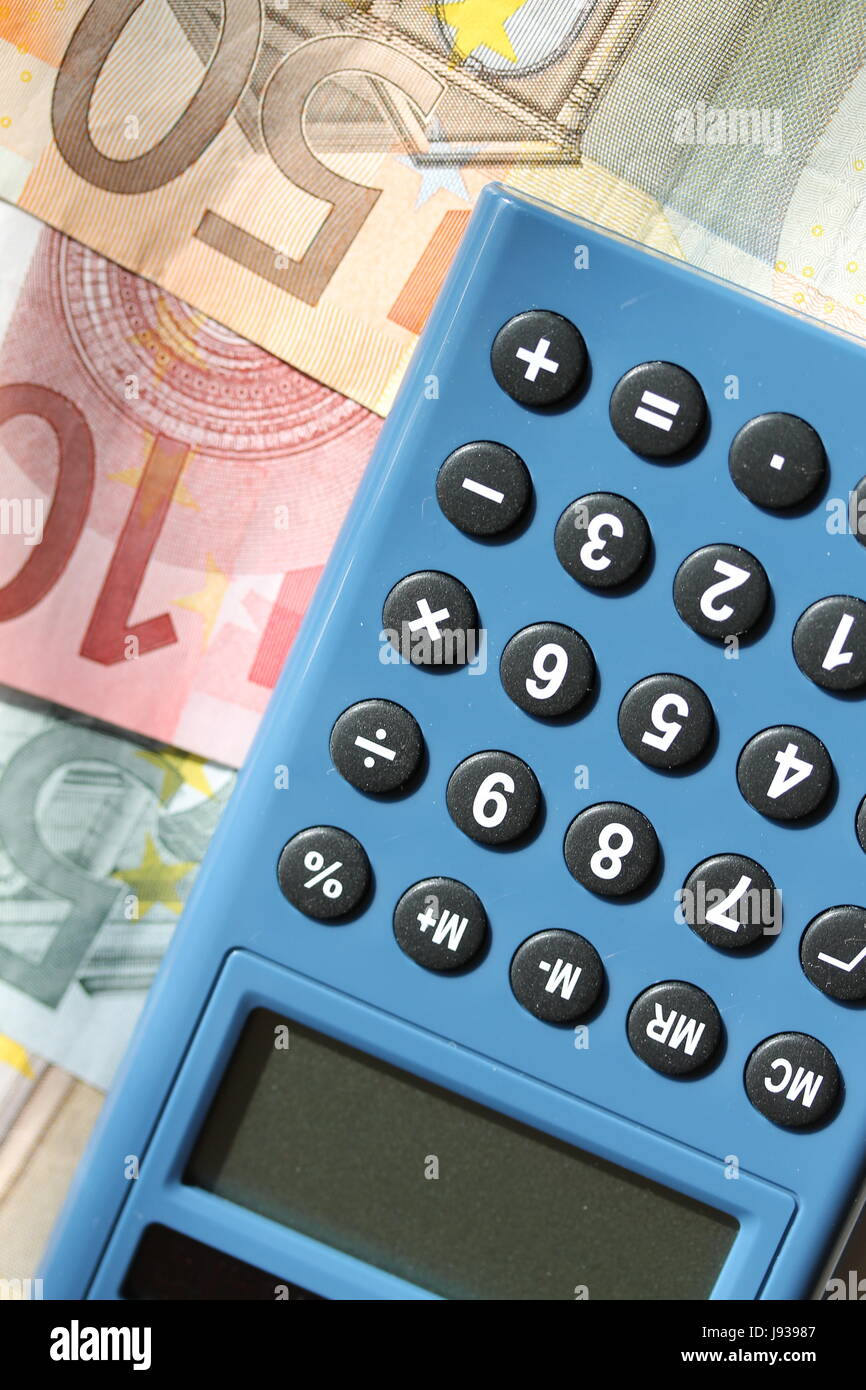 Domestico, calcolatrice, euro, biglietti, calcolatrice tascabile, solare, denaro Foto Stock