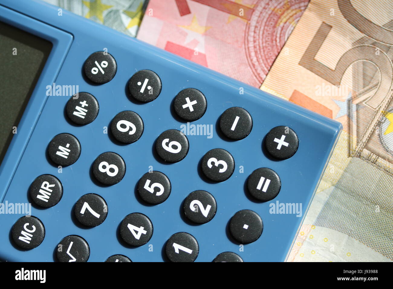 Domestico, calcolatrice, euro, biglietti, calcolatrice tascabile, solare, denaro Foto Stock