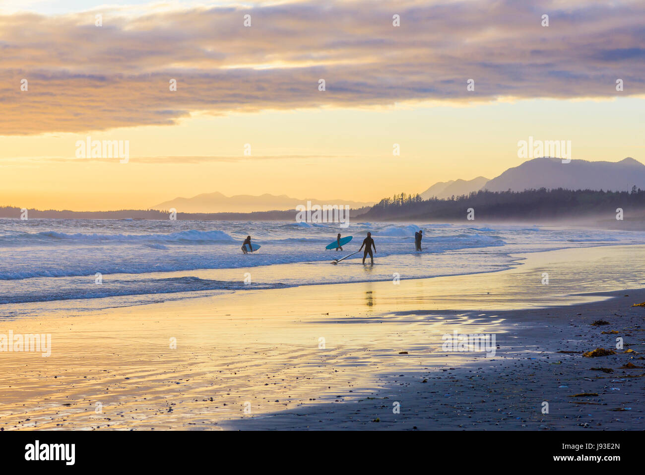 I surfisti al tramonto, Long Beach, Pacific Rim National Park, l'isola di Vancouver, British Columbia, Canada. Foto Stock