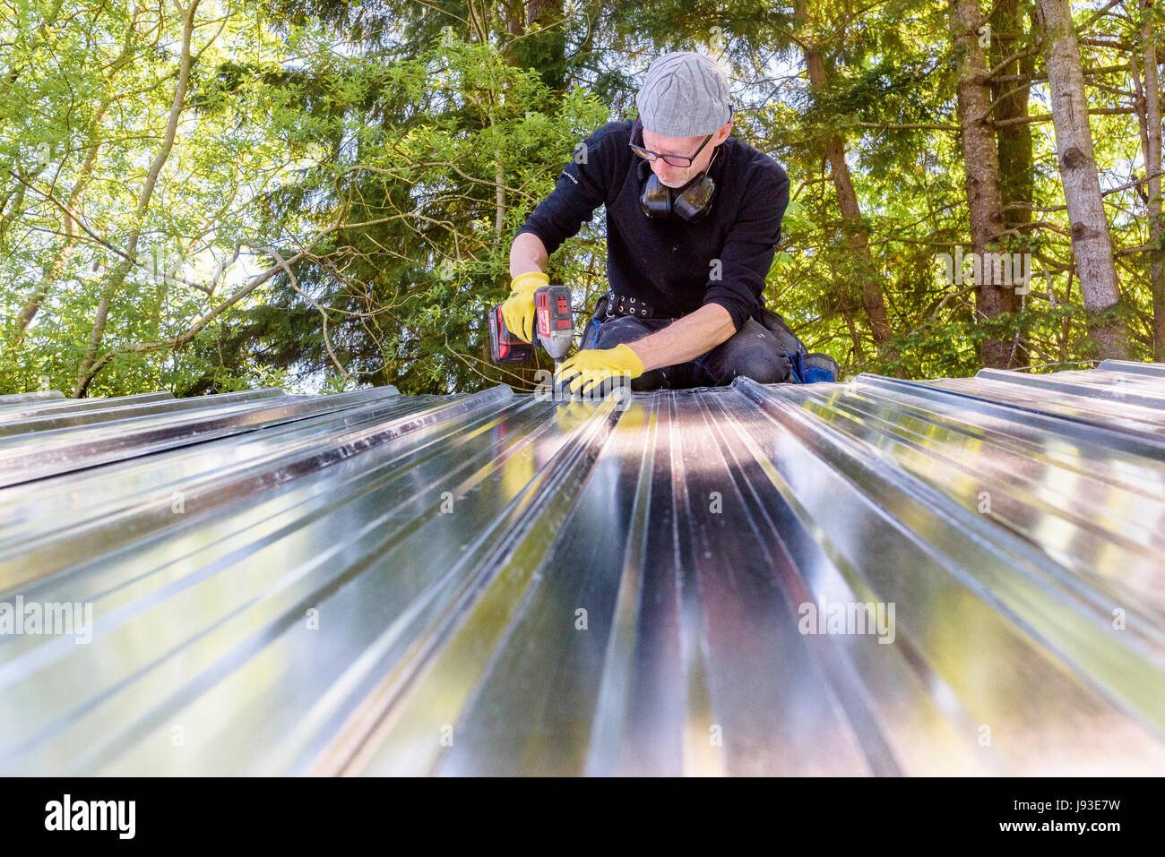 Uomo al lavoro installazione tetto metallico su capannone. Foto Stock