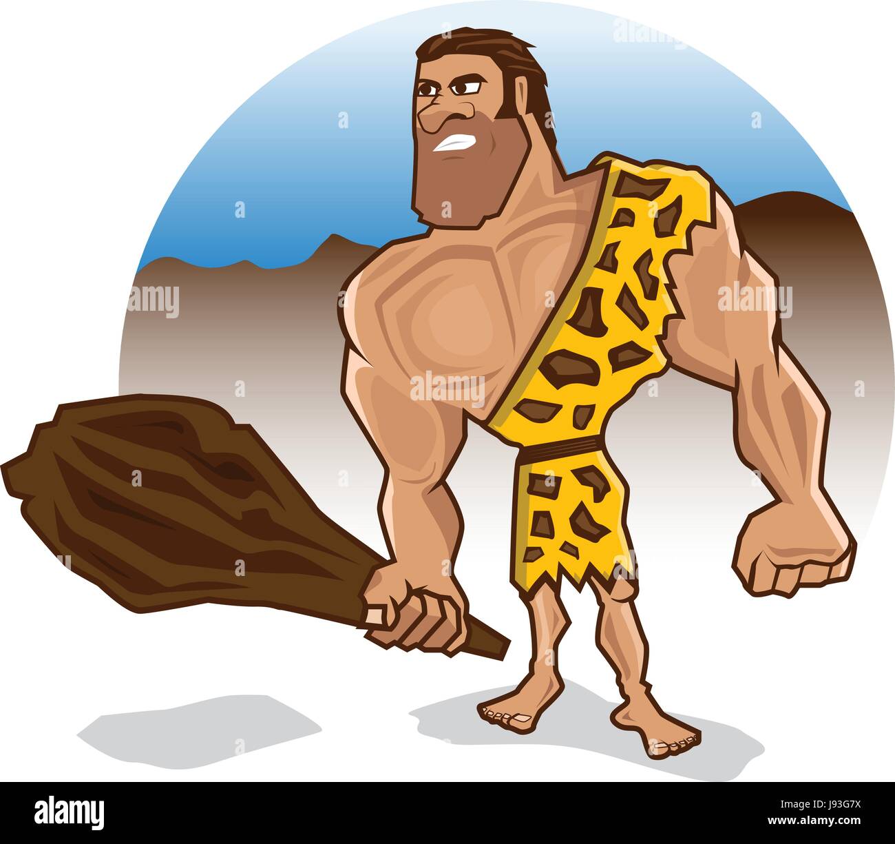 Arrabbiato caveman tiene un bastone di legno con grandi e forti muscoli Illustrazione Vettoriale