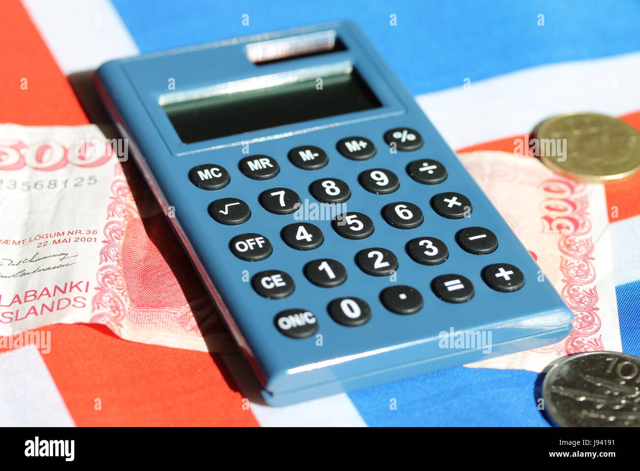 Domestico, calcolatrice, europa, lucentezza, calcolatrice tascabile, Islanda, denaro Foto Stock