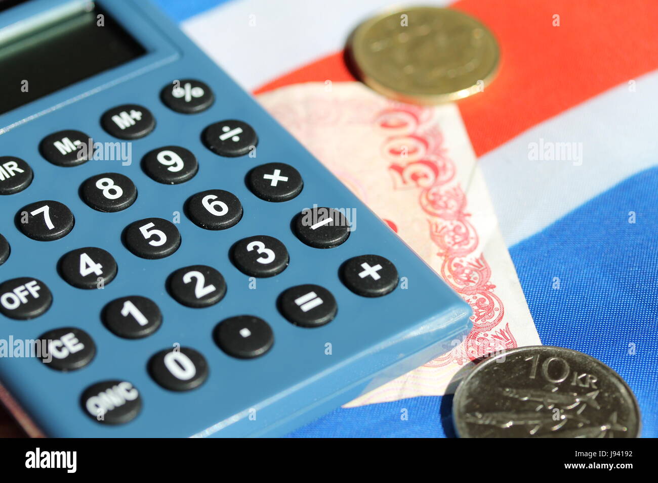 Domestico, calcolatrice, europa, lucentezza, calcolatrice tascabile, Islanda, denaro Foto Stock