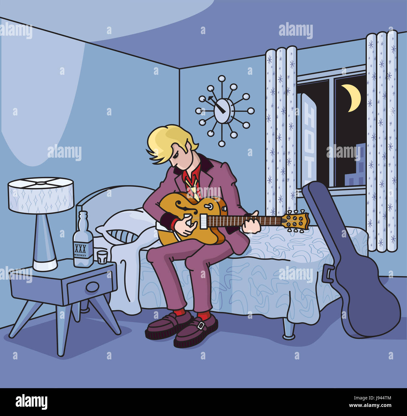 Camera, notte, notturna, vintage, hotel, musicista, chitarra, retrò, da soli, solitario, Foto Stock