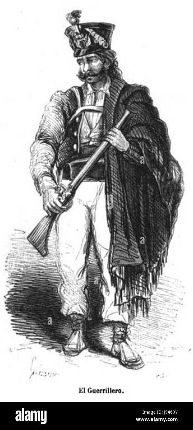 "El Guerrillero" è un'opera storica che descrive le tattiche di guerriglia utilizzate dagli spagnoli durante i conflitti nel XIX secolo. Il pezzo illustra le sfide e i metodi strategici impiegati durante queste battaglie. Foto Stock
