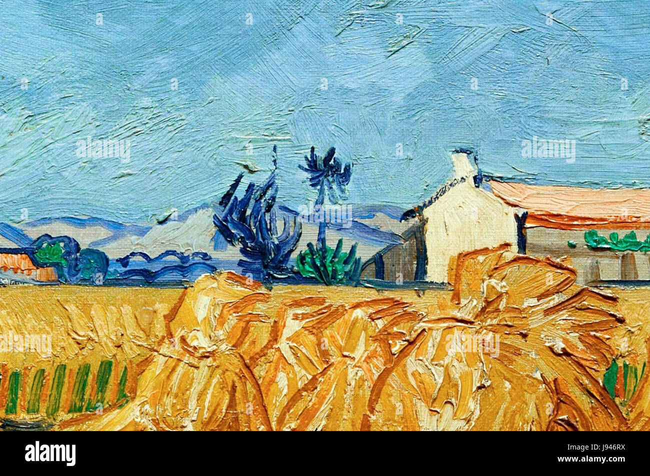 Questo dipinto del 1888 di Vincent van Gogh, intitolato "Harvest at Arles", cattura una scena rurale in Provenza, mostrando le caratteristiche e vibranti pennellate di Van Gogh e la profondità emotiva nel raffigurare la vita rurale. Foto Stock