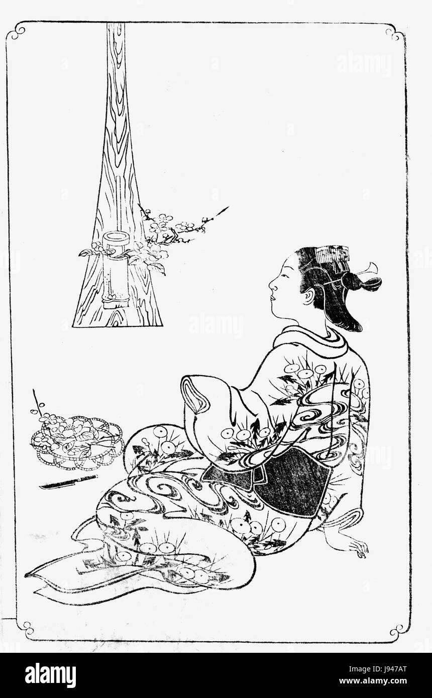 Nishikawa Sukenobu era un artista ukiyo-e giapponese. Questo lavoro del 1739, *Ehon Asakayama*, è una stampa a blocchi di legno o un libro illustrato, che mostra il suo stile distintivo di arte del periodo Edo. Foto Stock