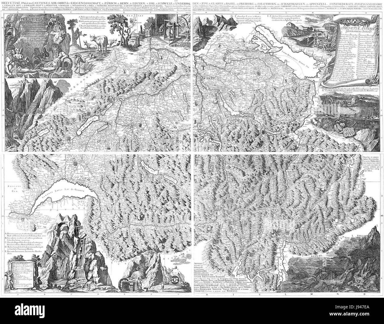 Nova Helvetiae Tabula Geographica è una mappa geografica legata alla regione svizzera di Nova Helvetia, probabilmente una mappa del XVII o XVIII secolo raffigurante territori o insediamenti svizzeri. Foto Stock