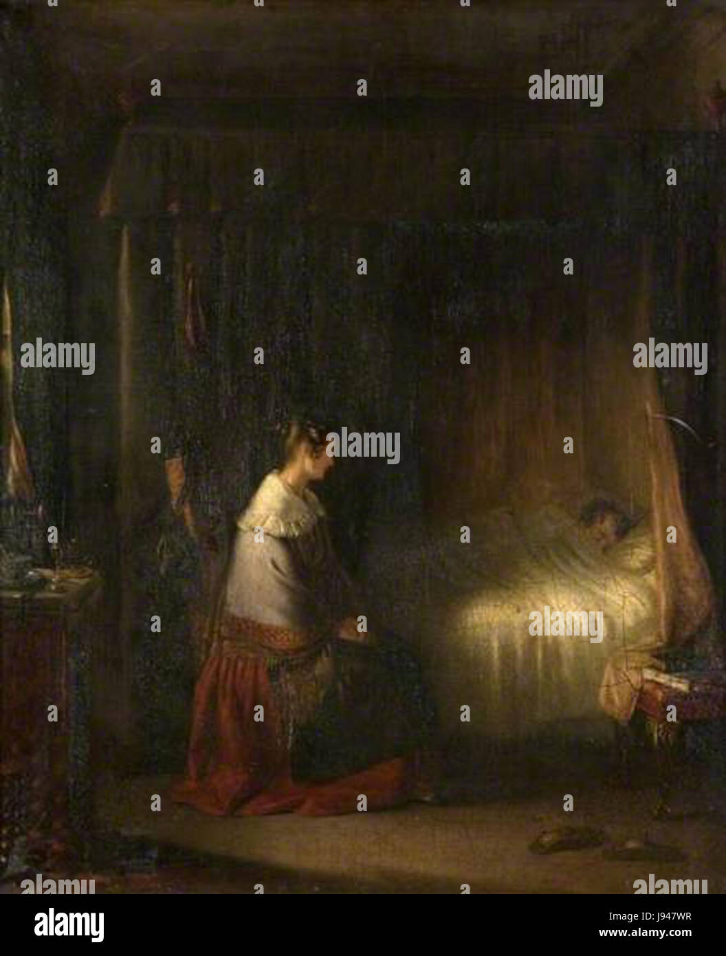 Sick Bed Prentis è probabilmente un riferimento a un'opera d'arte o a un'opera letteraria che raffigura una persona in un letto di malattia, probabilmente rappresentando temi di sofferenza umana, o commenti sociali sulle cure e le condizioni mediche. Foto Stock