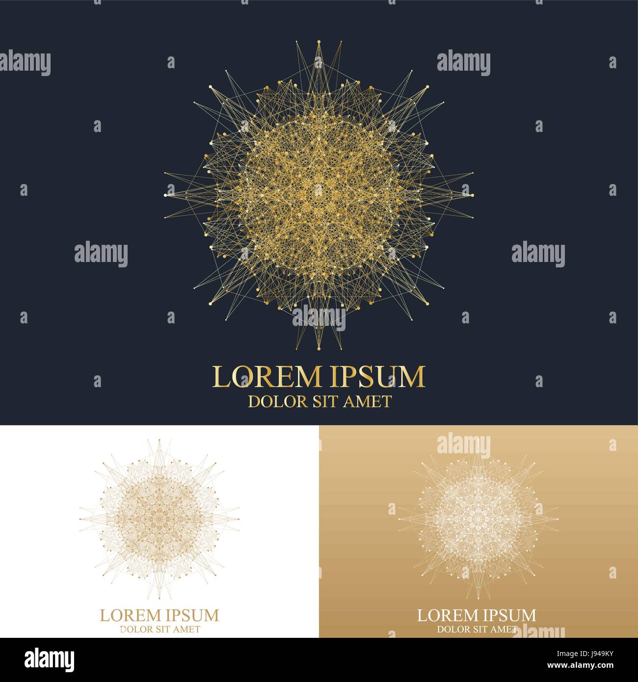 Astratta geometrica con il logo della linea collegata a punti e. Composizione grafica per la medicina, la scienza, la tecnologia, la chimica. Logo vettoriale modello. Golden Logo design alla moda in stile lineare. Illustrazione Vettoriale