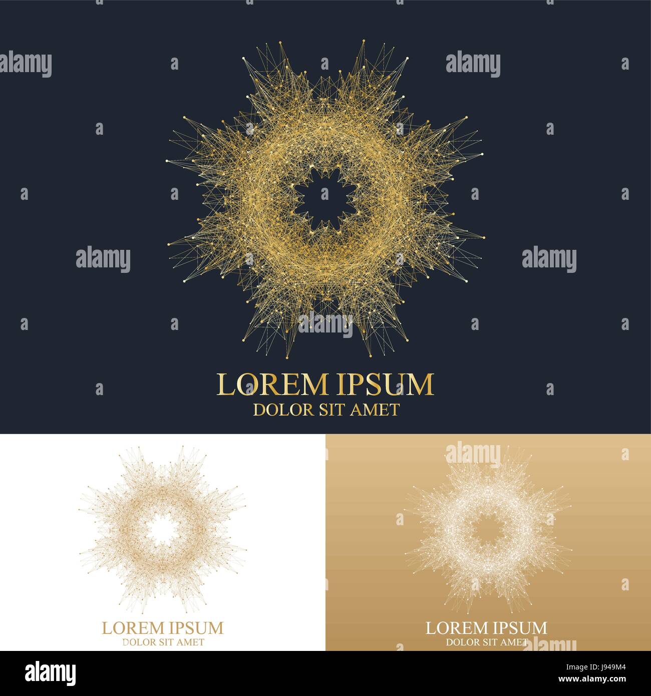 Astratta geometrica con il logo della linea collegata a punti e. Composizione grafica per la medicina, la scienza, la tecnologia, la chimica. Logo vettoriale modello. Golden Logo design alla moda in stile lineare. Illustrazione Vettoriale