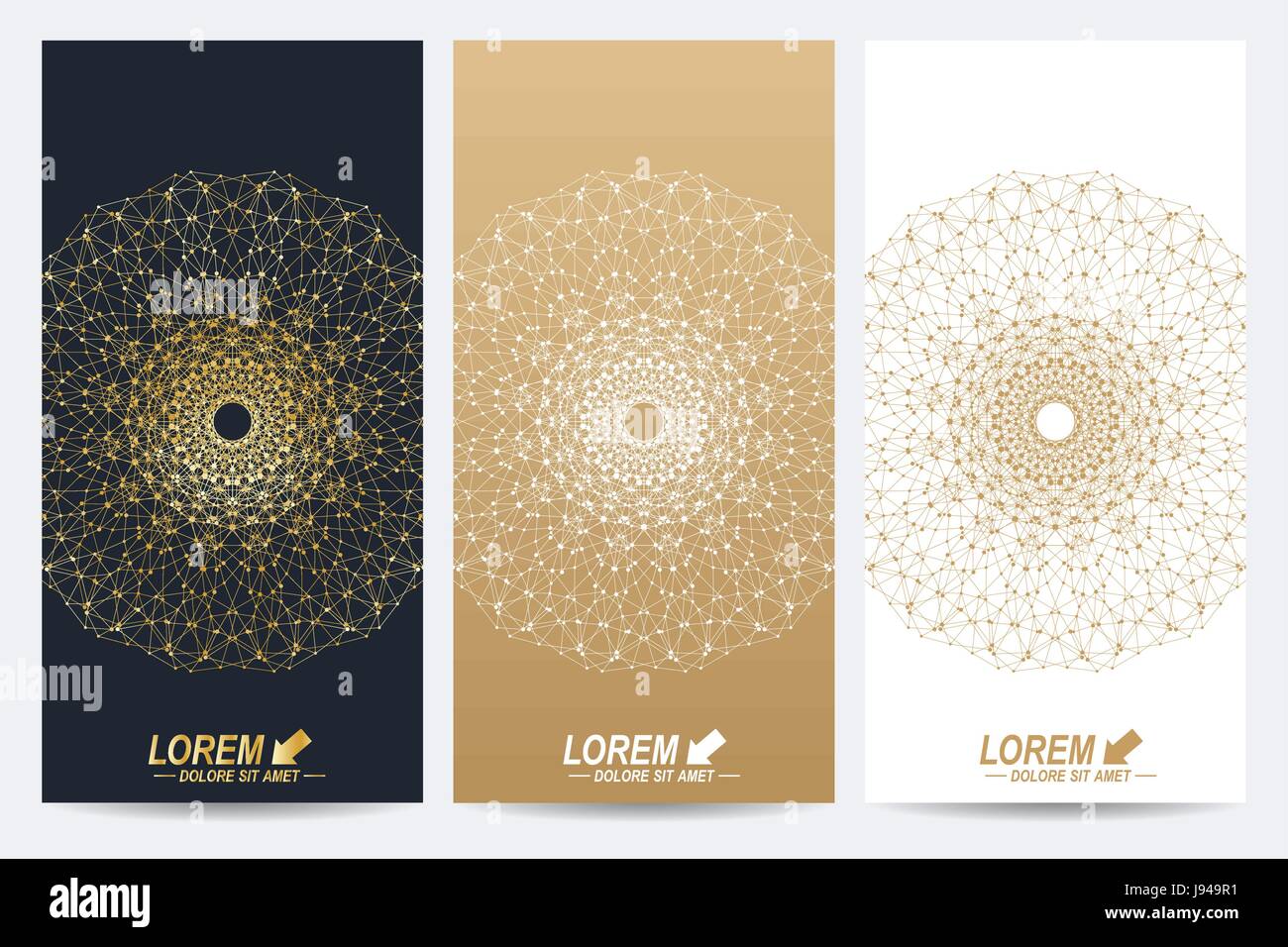 E moderno di vettore volantini. Molecola e la comunicazione dello sfondo. Astratta geometrica golden pacchetto. Linea collegata con punti. Golden design alla moda in stile lineare. Illustrazione Vettoriale