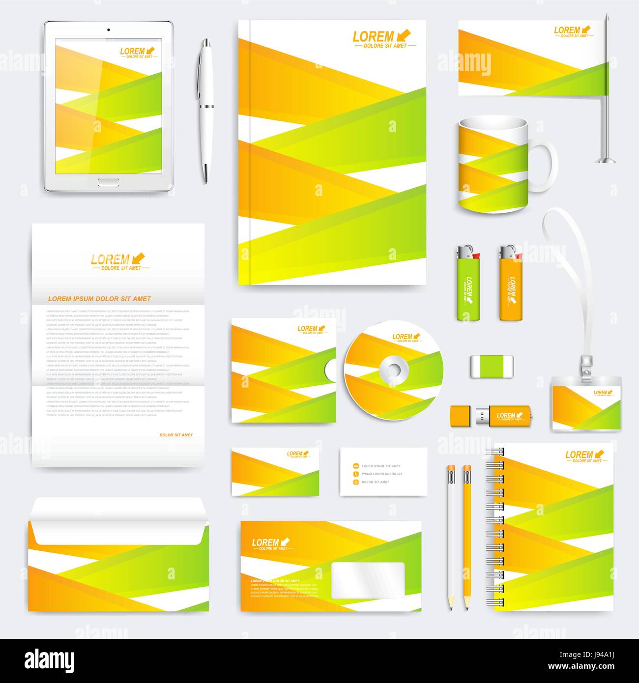 Coloratissima serie geometrica del vettore corporate identity modello. Moderno business stationery mock-up. Branding design con verde e gialla. Illustrazione Vettoriale