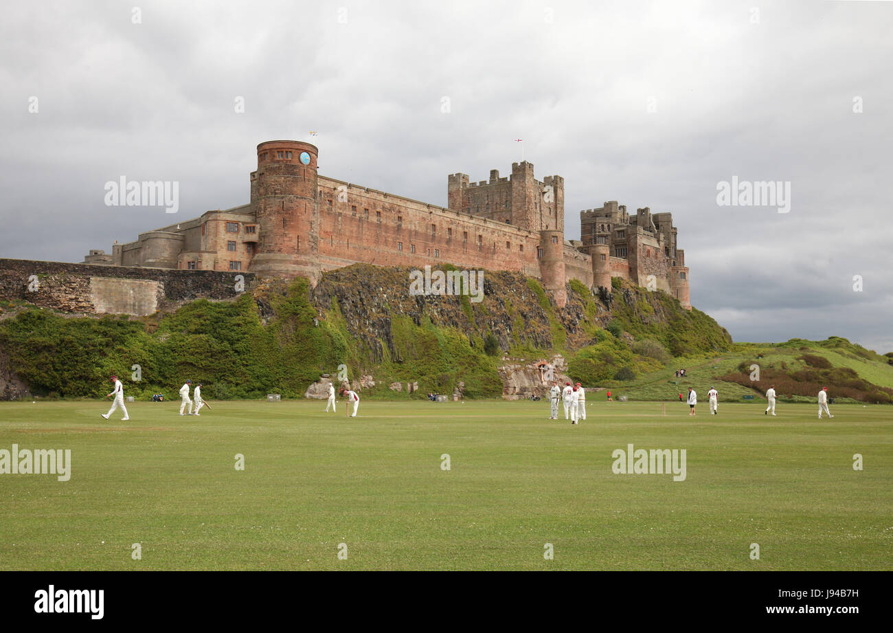 Partita di cricket di fronte al Castello di Bambburgh, Northumberland, Inghilterra Foto Stock