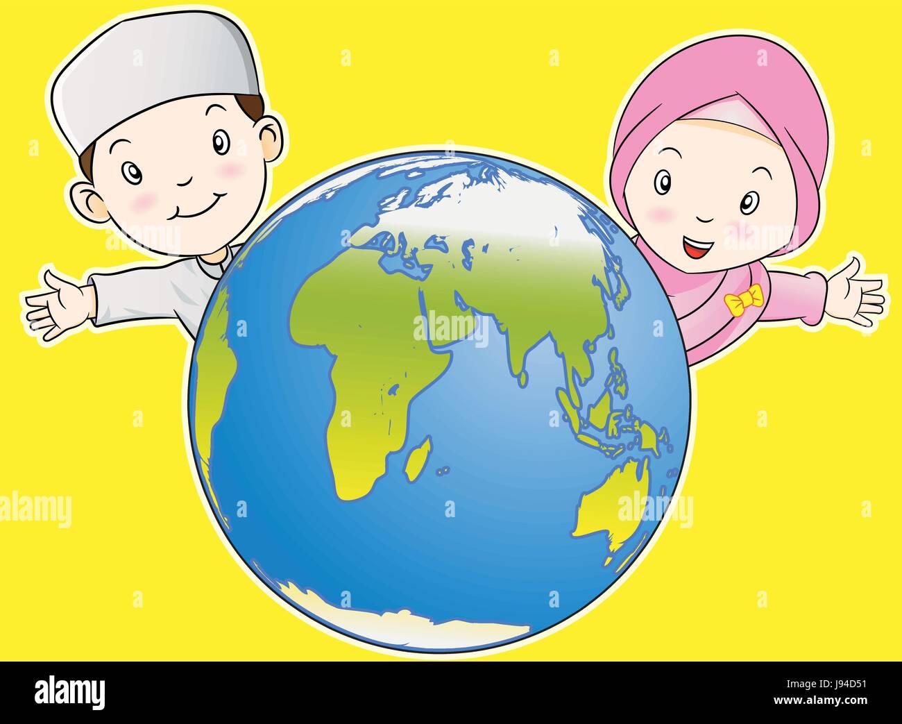 Illustrazione dei bambini musulmani, un ragazzo e una ragazza con il mondo - Cartoon vettoriale Illustrazione Vettoriale