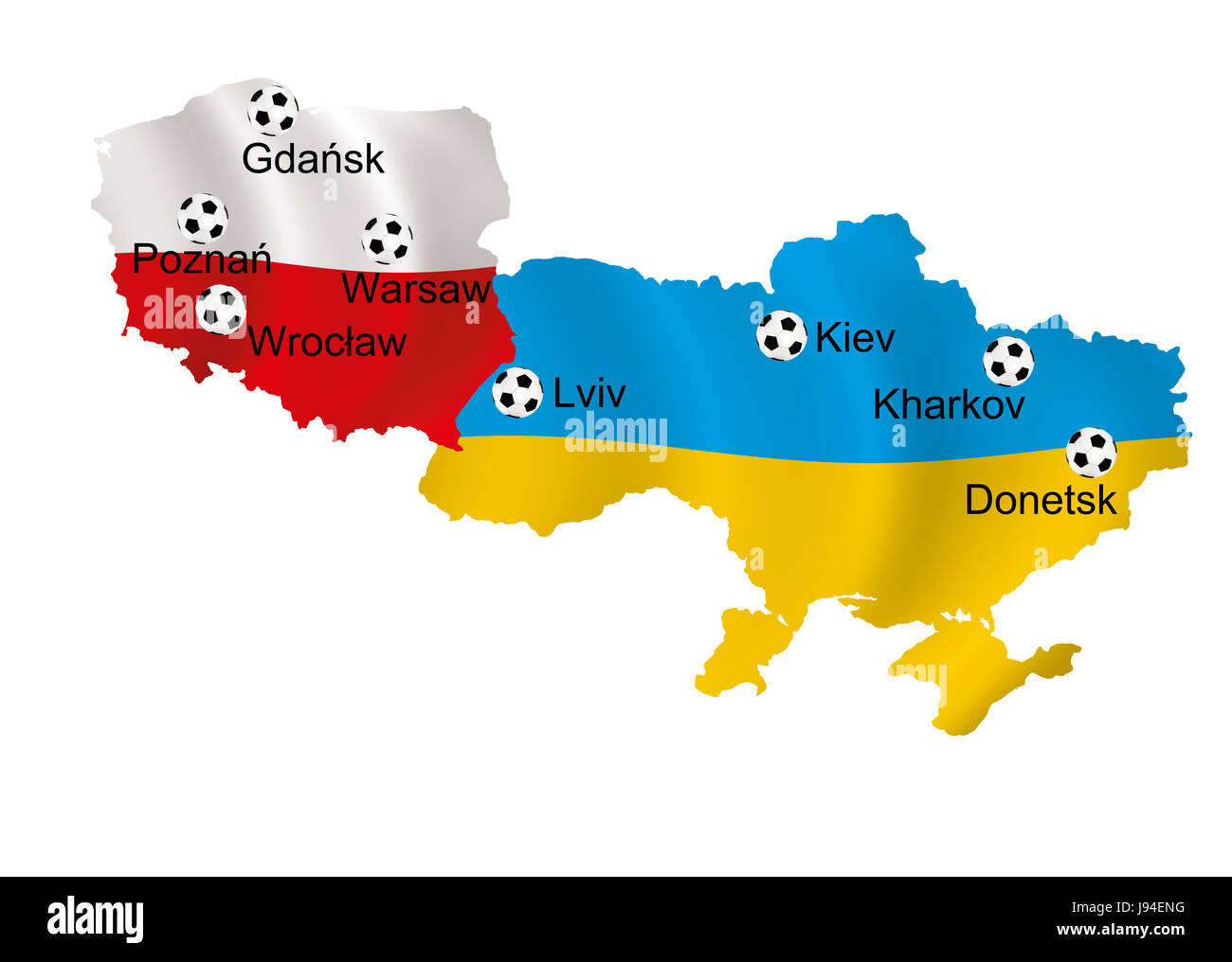 Mappe di Polonia e Ucraina con lo stadio in lingua originale Foto Stock