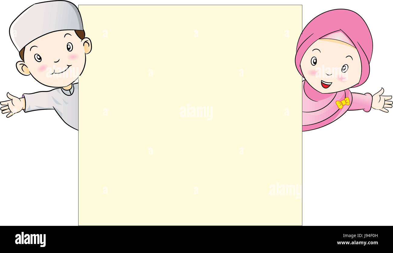 Bambini musulmani holding empty blank board-illustrazione vettoriale Illustrazione Vettoriale